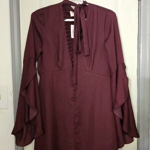 Vestique Maroon Long Sleeve Dress with Tie Neck